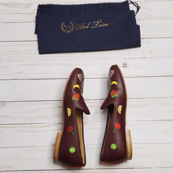 DEL TORO loafers fruit embroidered burgundy leather shoes 7 - Picture 7 of 10